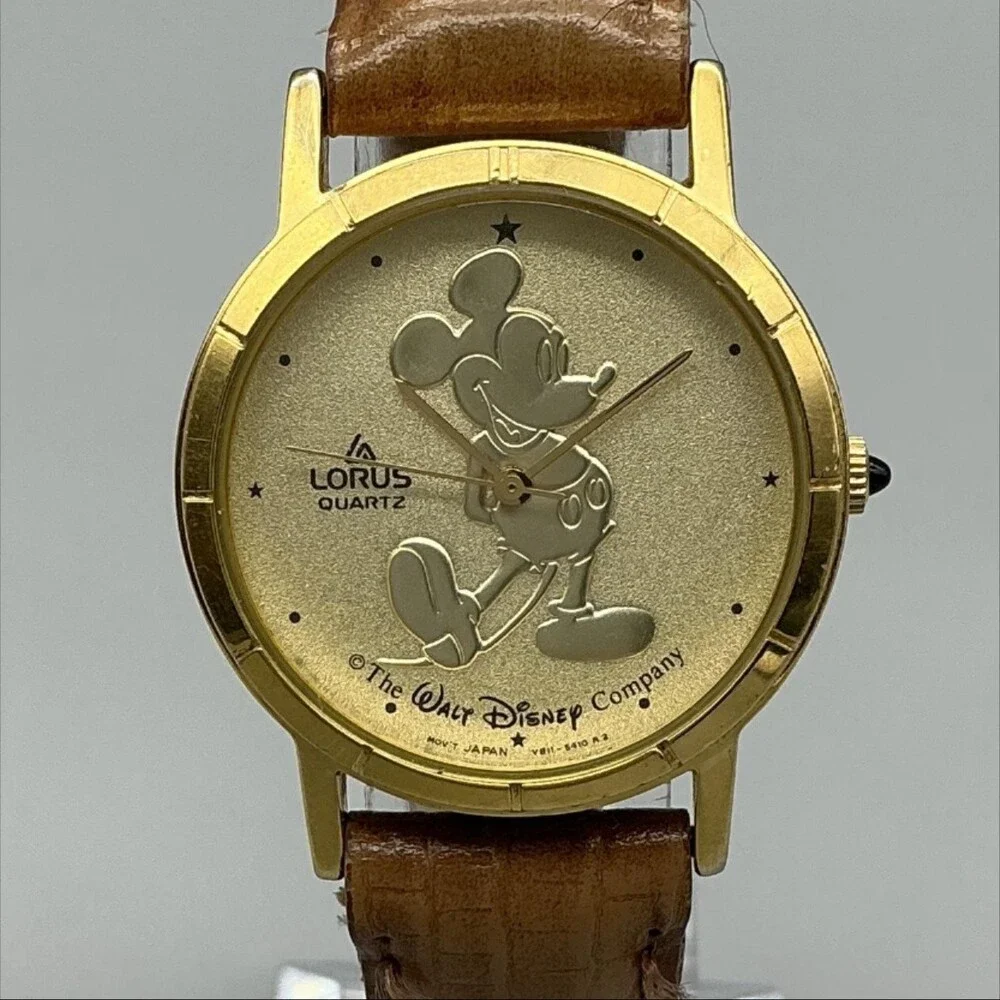Vintage Lorus Mickey Mouse Womens Watch 30mm Gold Tone Brown Leather V811-1400